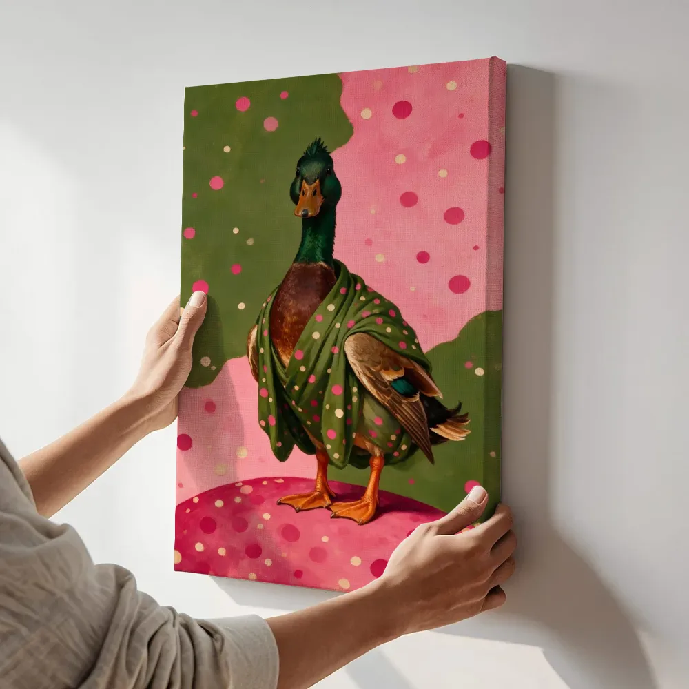 Sfeerimpressie: Eend in olijf en roze terwijl het aan de muur wordt gehangen