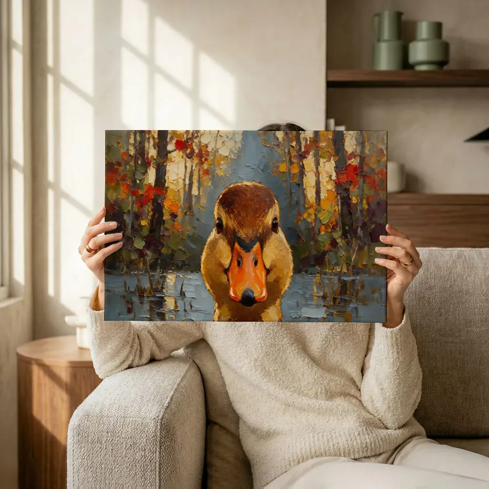 Sfeerimpressie: Eend portret tussen de bomen in warm oranje terwijl het omhoog wordt gehouden
