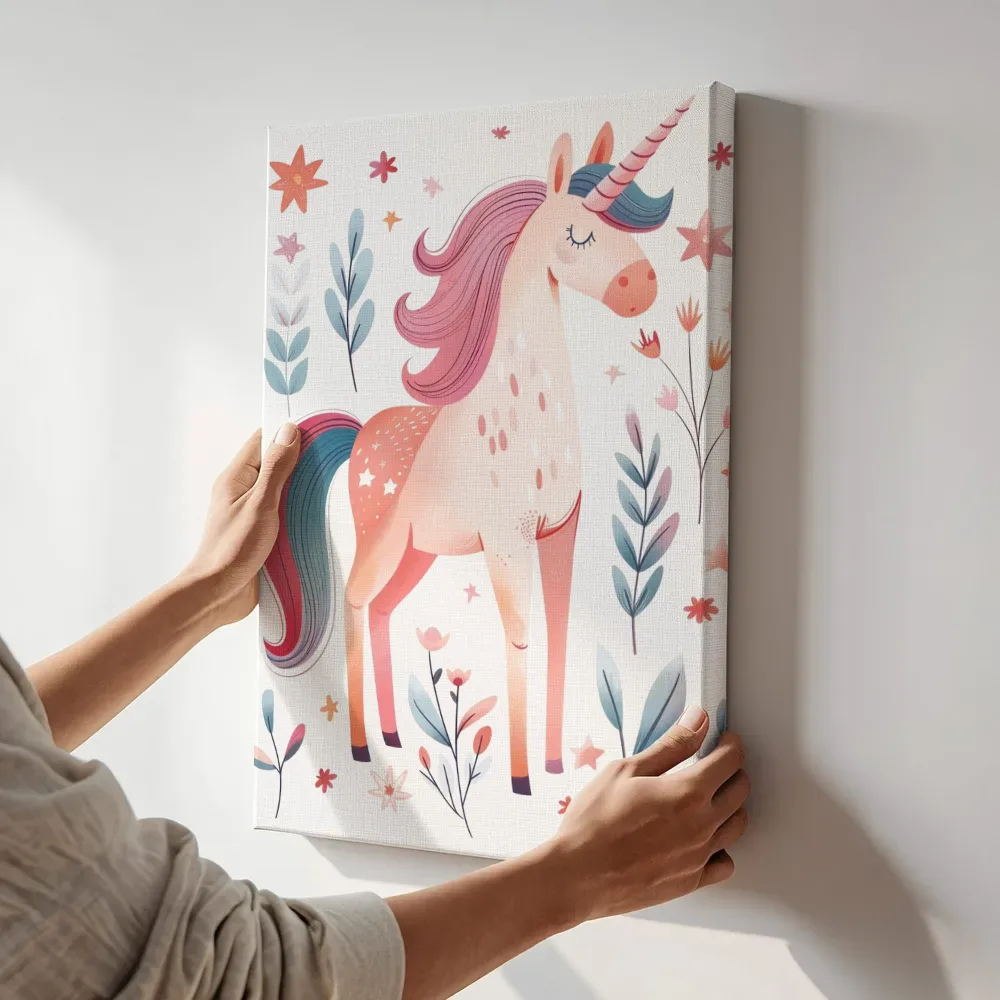 Sfeerimpressie: Eenhoorn tussen de bloemen terwijl het aan de muur wordt gehangen