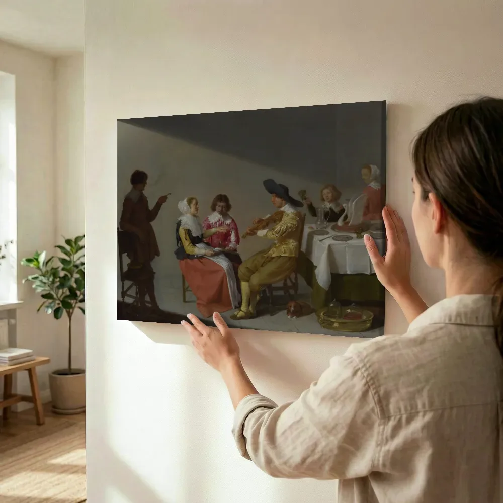 Sfeerimpressie: Elegant rokend en musicerend gezelschap in een interieur van Jacob Jansz van Velsen terwijl het wordt opgehangen