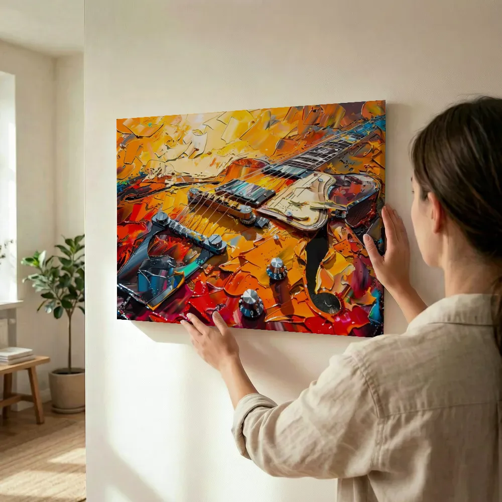 Sfeerimpressie: Elektrische gitaar popart terwijl het wordt opgehangen