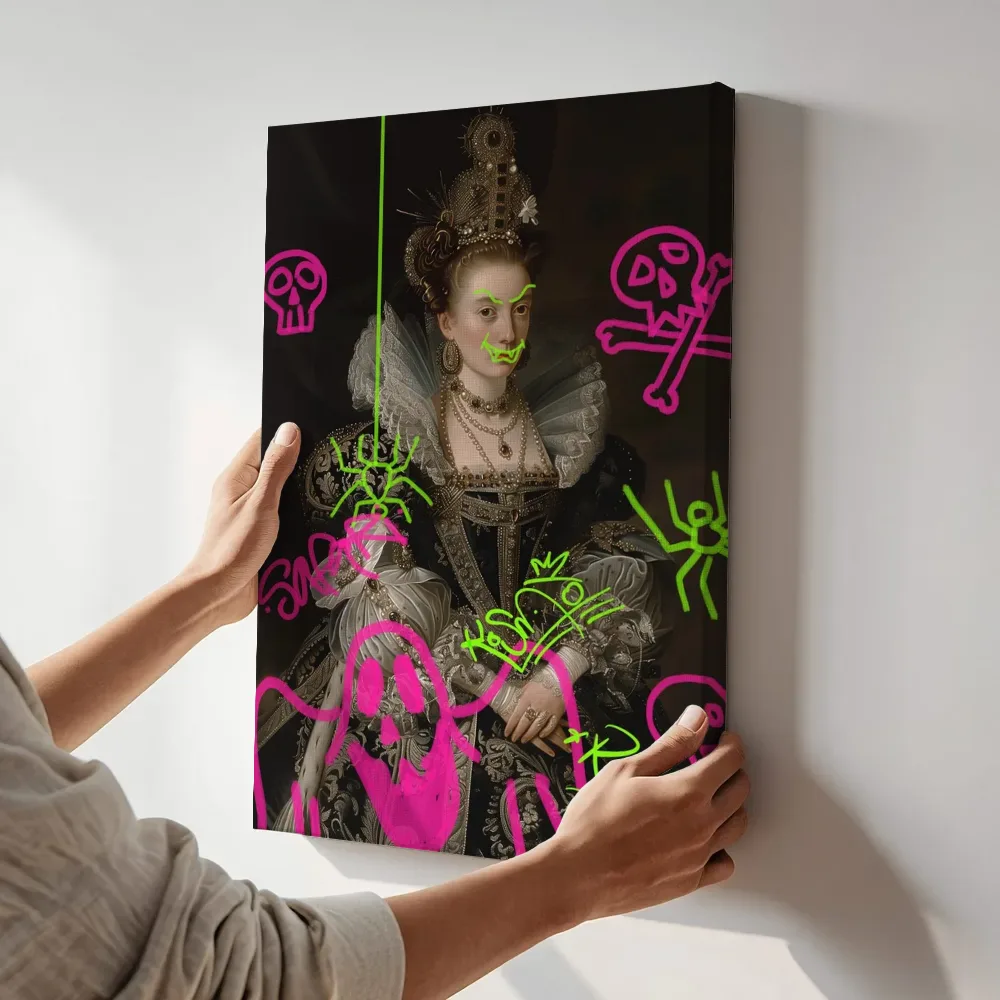 Sfeerimpressie: Elizabethaanse vrouwe graffiti editie terwijl het aan de muur wordt gehangen