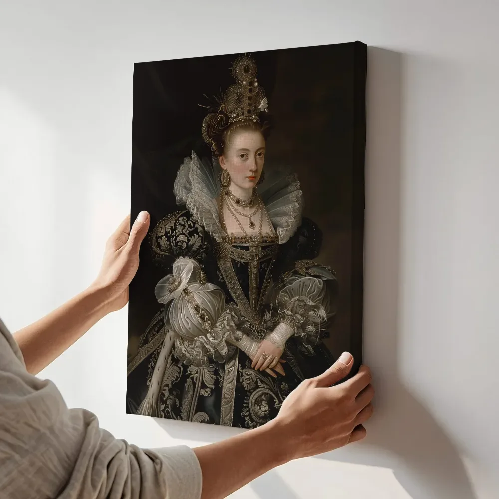 Sfeerimpressie: Elizabethaanse vrouwe terwijl het aan de muur wordt gehangen