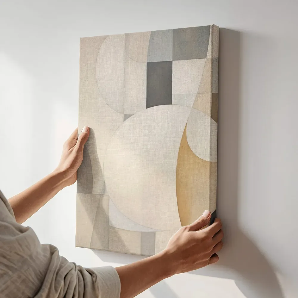 Sfeerimpressie: Ellipsen in crème en goud terwijl het aan de muur wordt gehangen