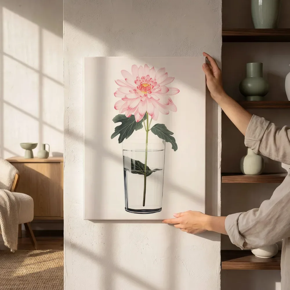 Sfeerimpressie: Enkele roze chrysant in glas water naast de kast