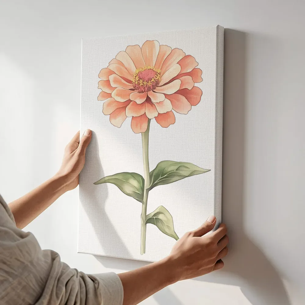Sfeerimpressie: Enkele perzikbloem op wit terwijl het aan de muur wordt gehangen