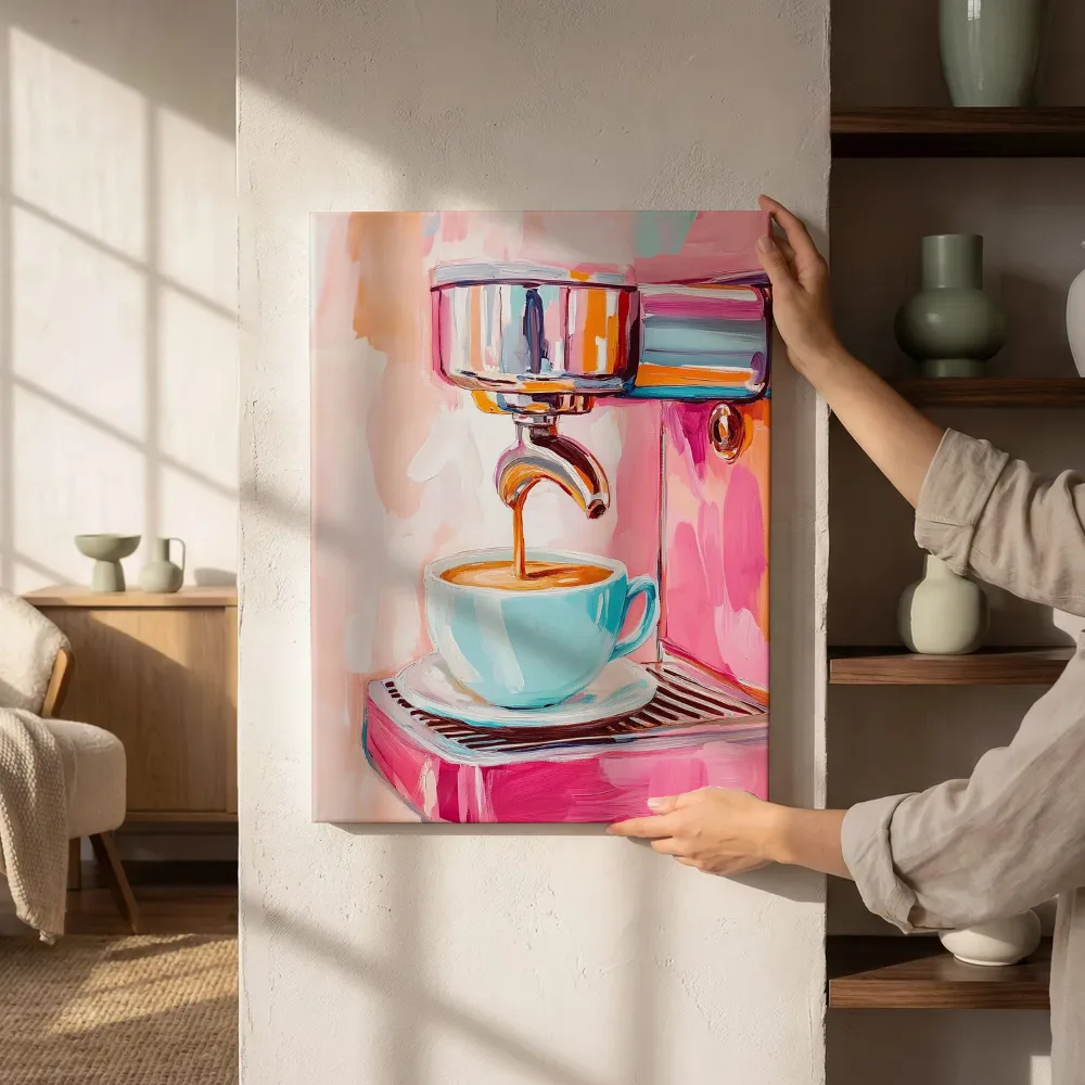 Sfeerimpressie: Espresso in een turquoise kopje naast de kast