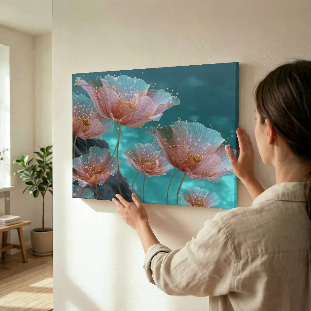 Sfeerimpressie: Etherische bloemen in een turquoise droom terwijl het wordt opgehangen