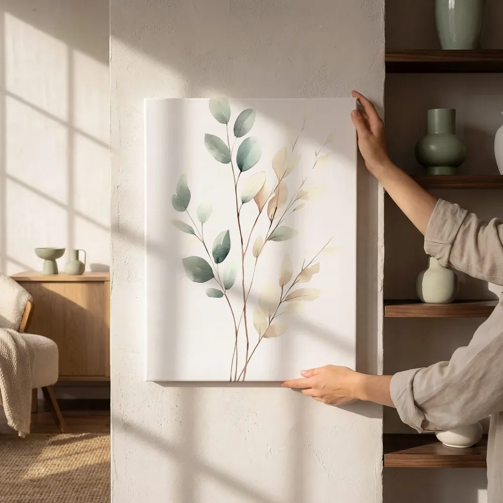 Sfeerimpressie: Eucalyptus twijgen aquarel naast de kast