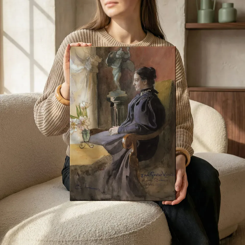 Sfeerimpressie: Eva Upmark, 1852-1944, född Kindstrand van Carl Larsson terwijl het zittend wordt getoond