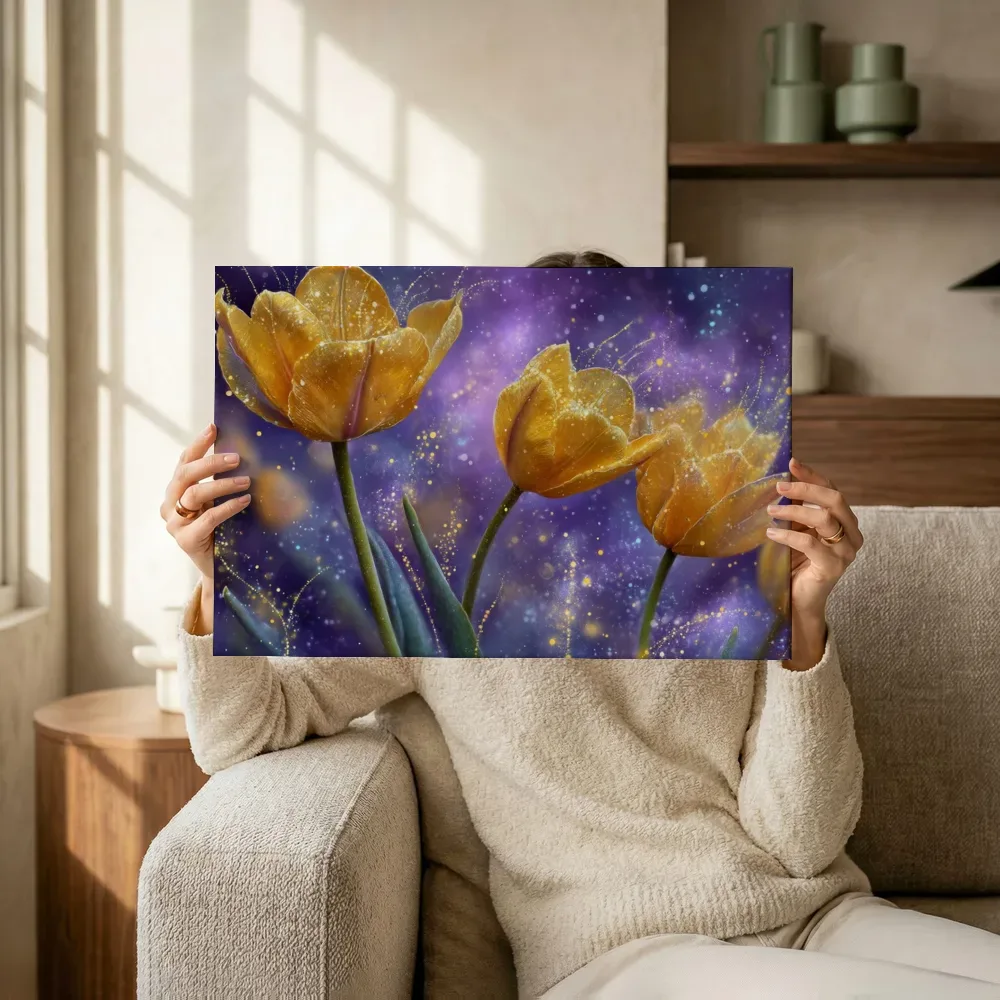 Sfeerimpressie: Explosieve gouden tulpen in sterrenstof terwijl het omhoog wordt gehouden