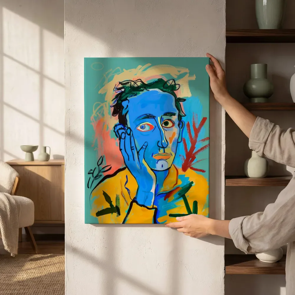 Sfeerimpressie: Expressief blauw portret naast de kast