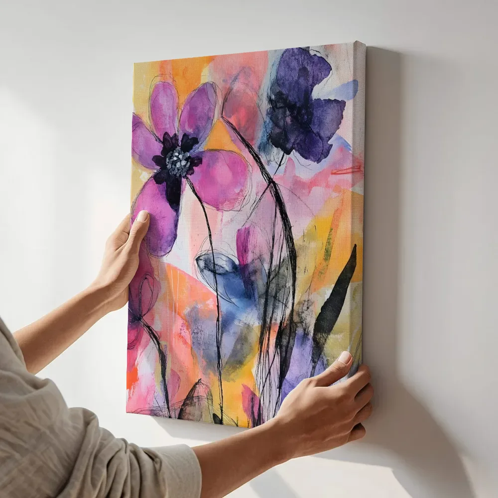 Sfeerimpressie: Expressieve paarse bloemen terwijl het aan de muur wordt gehangen