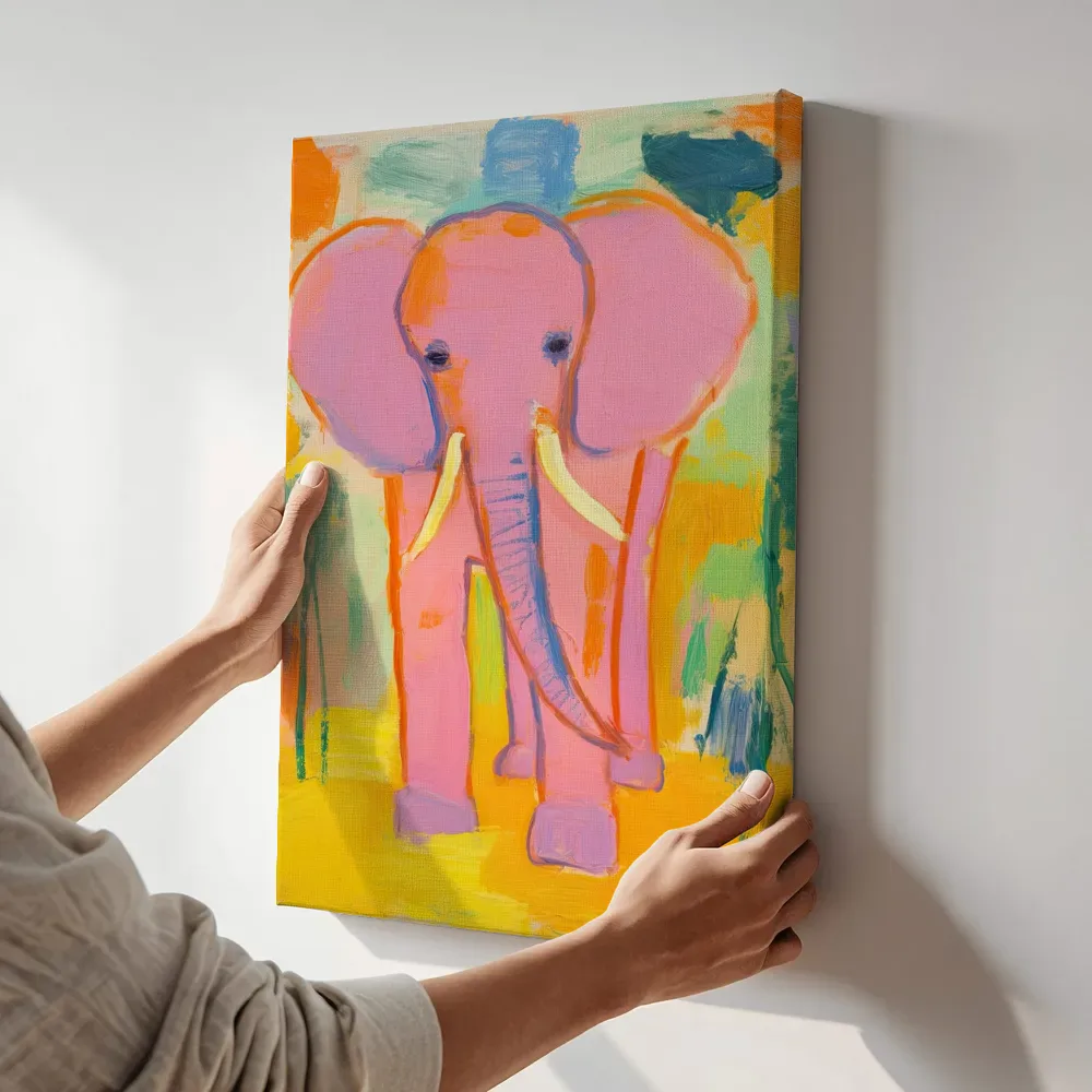 Sfeerimpressie: Speelse roze olifant terwijl het aan de muur wordt gehangen