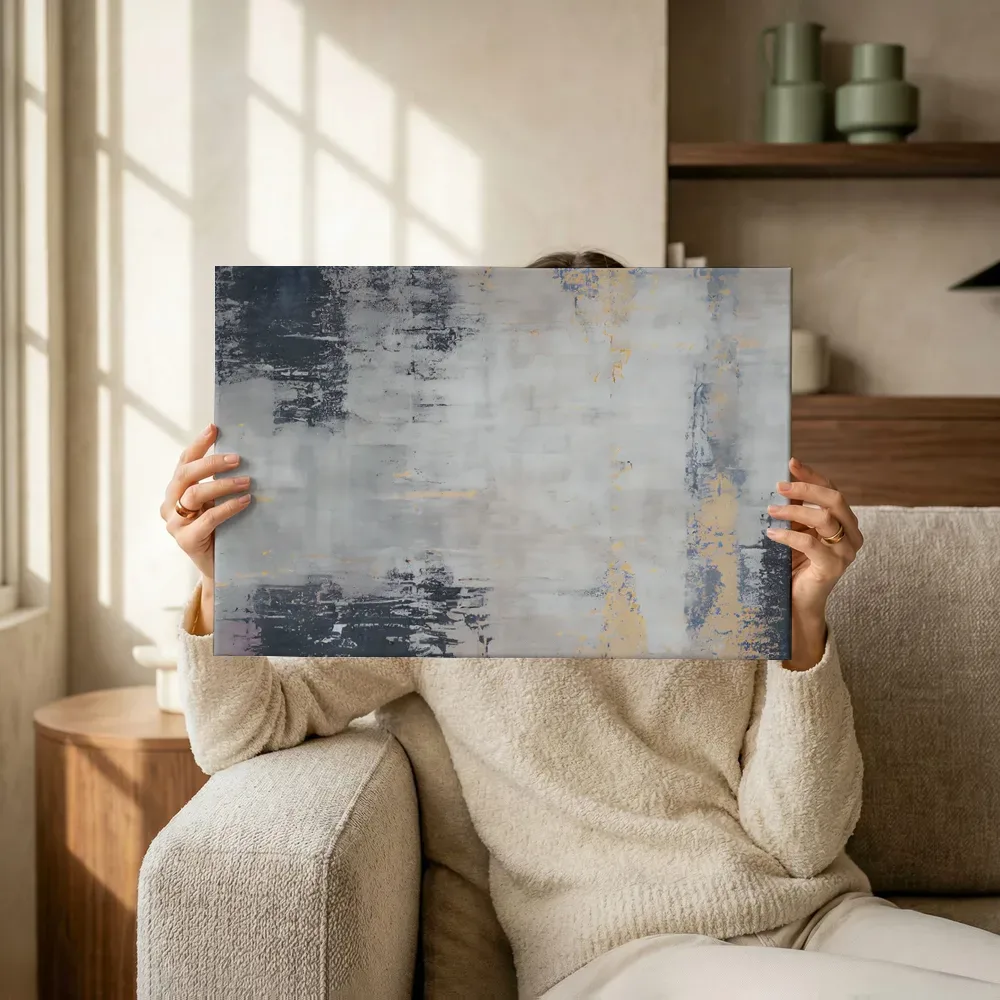 Sfeerimpressie: Expressieve squeegee textuur in grijs en goud terwijl het omhoog wordt gehouden