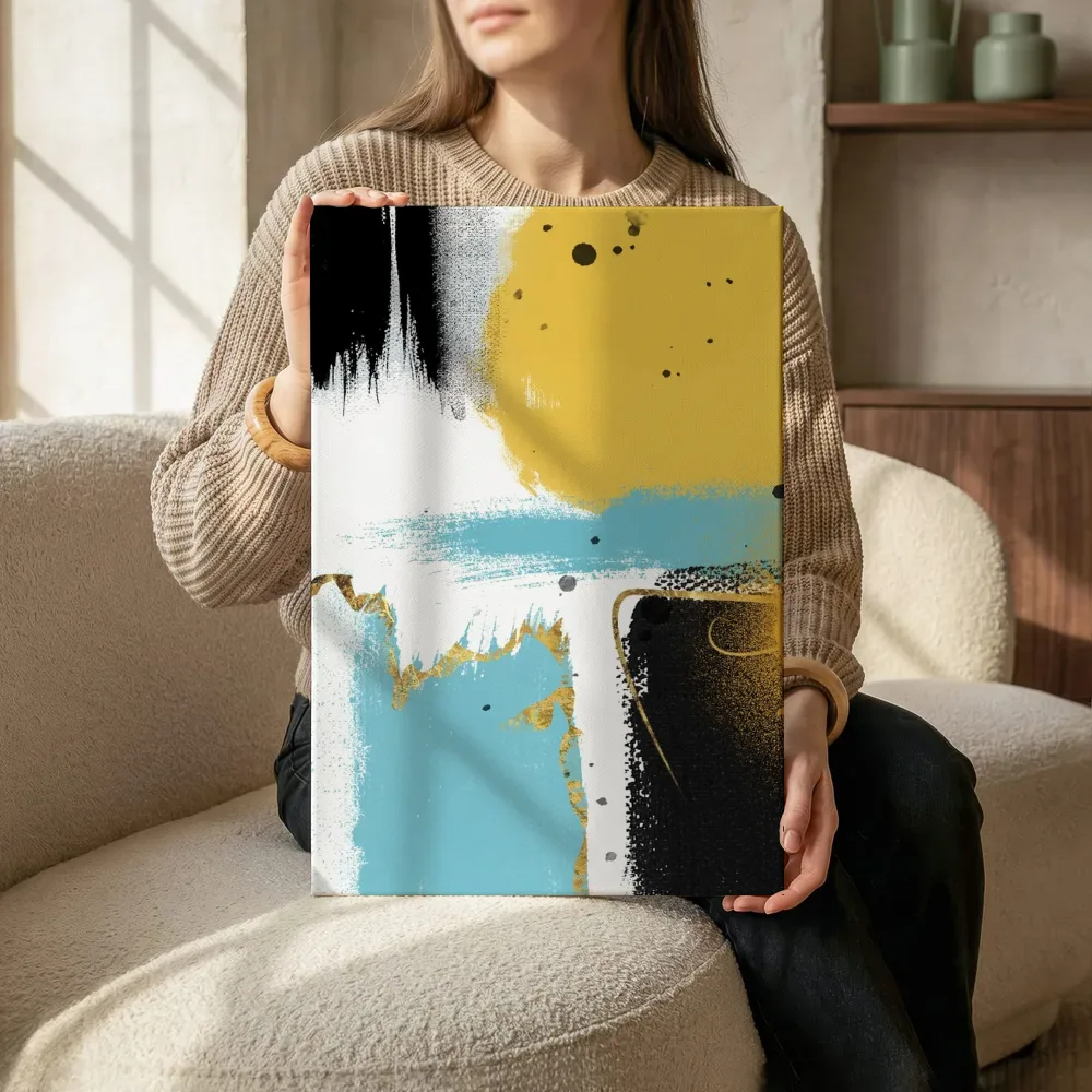 Sfeerimpressie: Expressionistisch geel, turquoise en zwart met goud terwijl het zittend wordt getoond