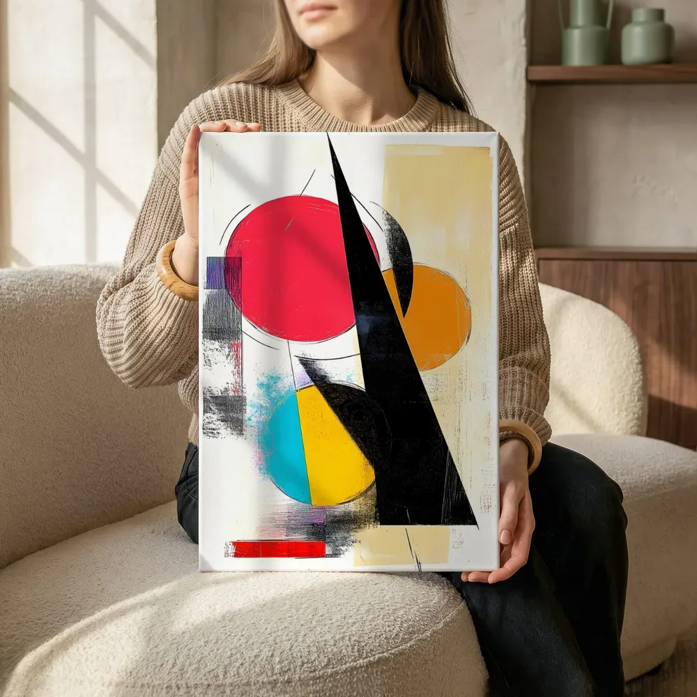 Sfeerimpressie: Expressionistische cirkelcompositie in rood en oranje terwijl het zittend wordt getoond