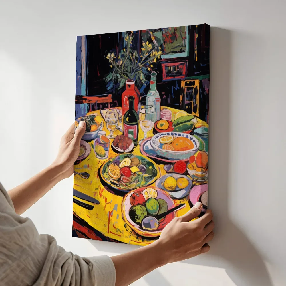 Sfeerimpressie: Expressionistische feesttafel vol fruit en wijn terwijl het aan de muur wordt gehangen