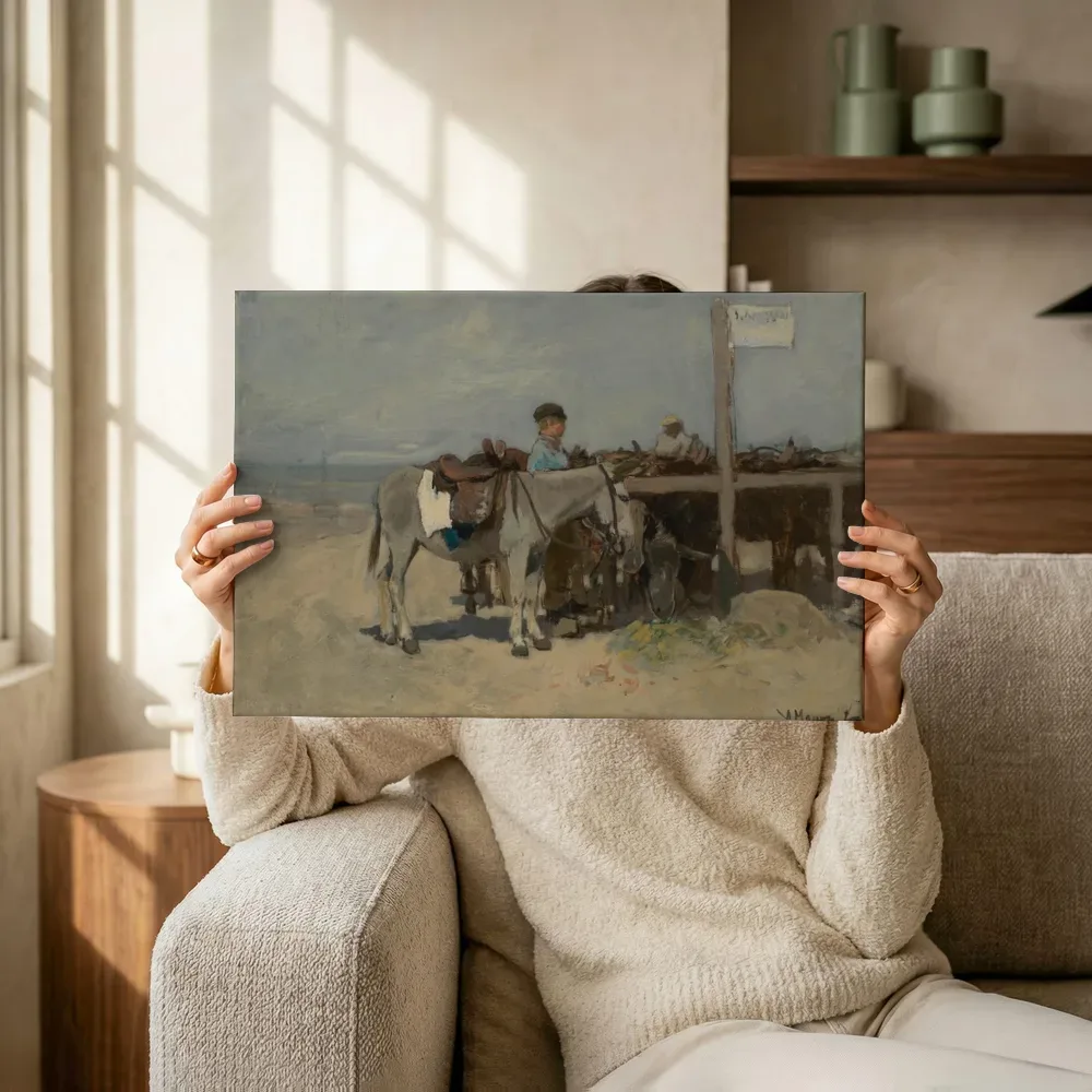 Sfeerimpressie: Ezelstandplaats op het strand te Scheveningen van Anton Mauve terwijl het omhoog wordt gehouden
