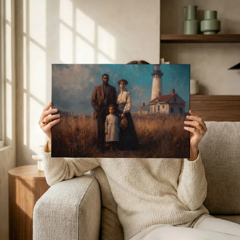 Sfeerimpressie: Familieportret in gouden grasveld bij vuurtoren terwijl het omhoog wordt gehouden