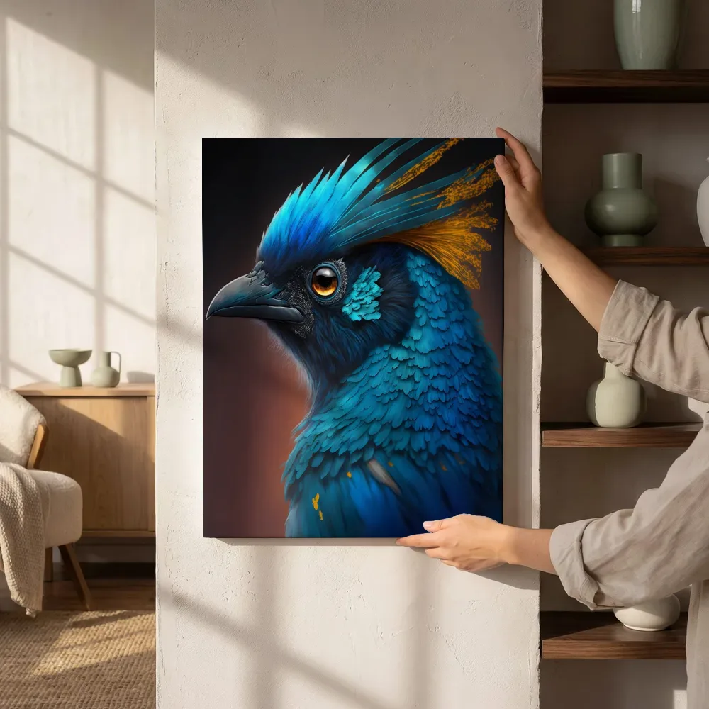 Sfeerimpressie: Fantasie blauwe vogel naast de kast