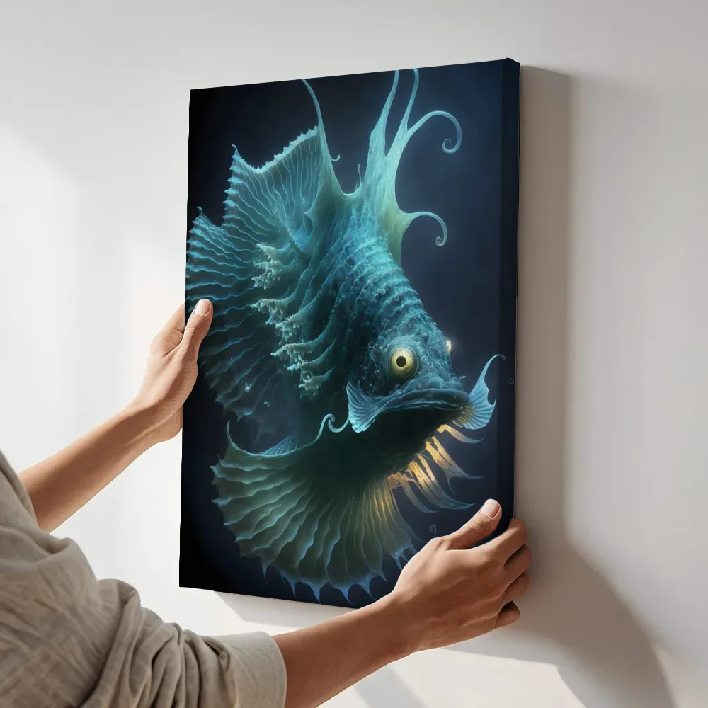 Sfeerimpressie: Fantasie diepzeewezen terwijl het aan de muur wordt gehangen