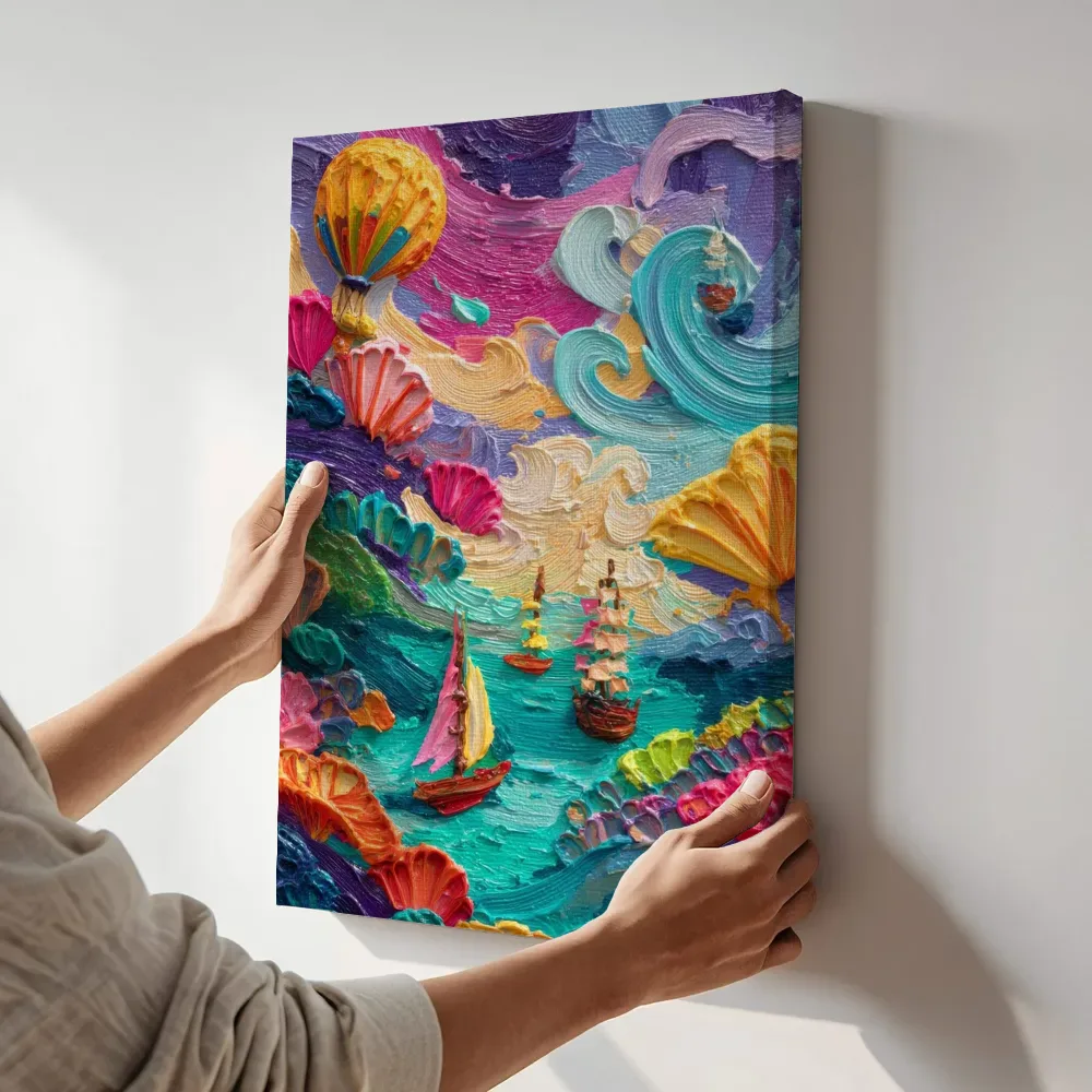Sfeerimpressie: Fantasievolle zeewereld met schelpen en schepen terwijl het aan de muur wordt gehangen