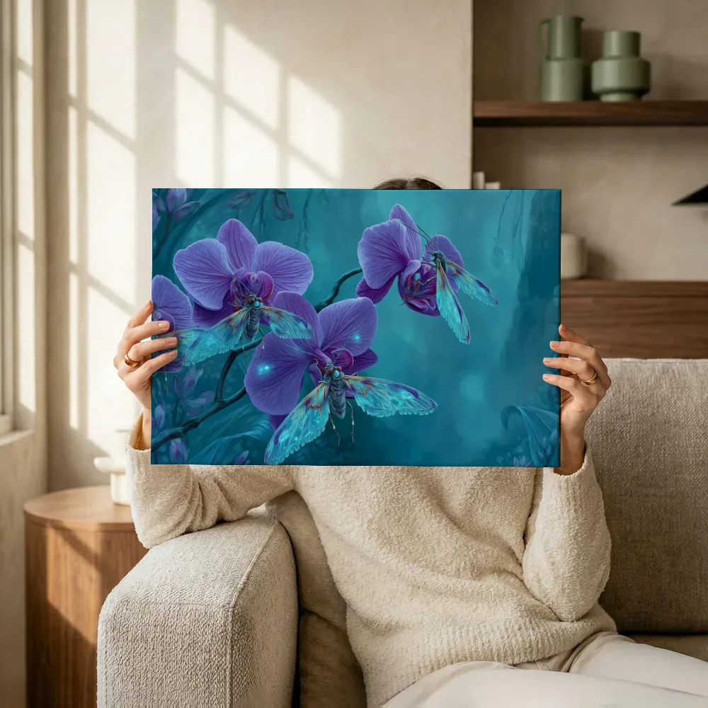 Sfeerimpressie: Fantasiewezens op turquoise orchideeën terwijl het omhoog wordt gehouden