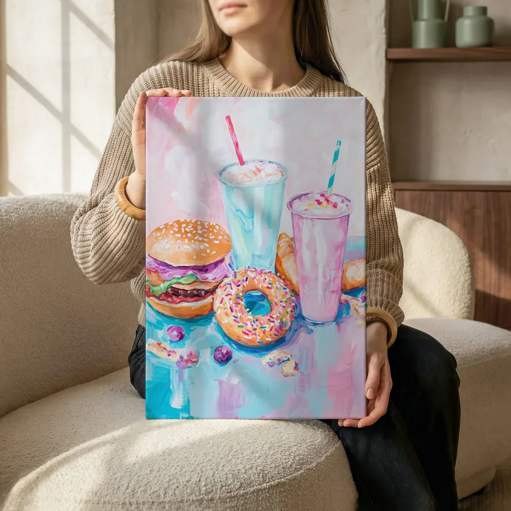 Sfeerimpressie: Burger, donut en milkshakes terwijl het zittend wordt getoond