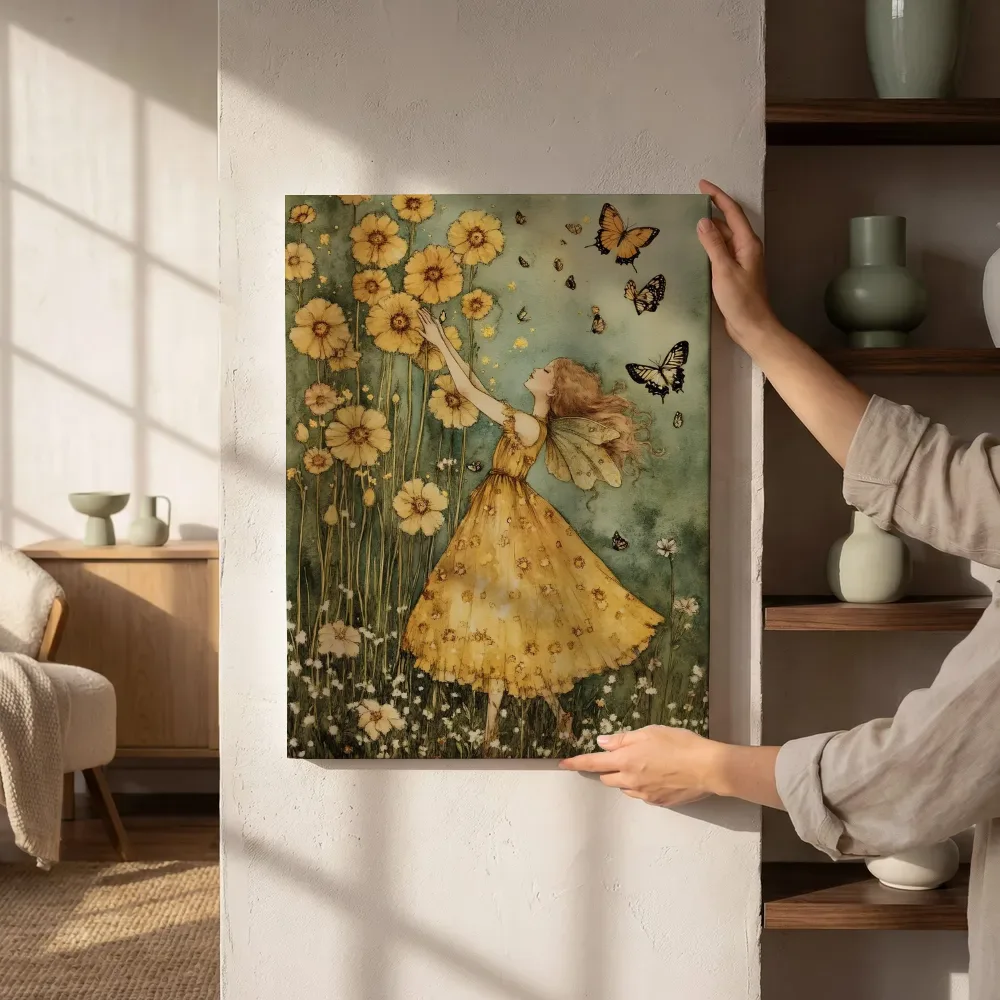 Sfeerimpressie: Fee in gele jurk tussen vlinders en bloemen naast de kast