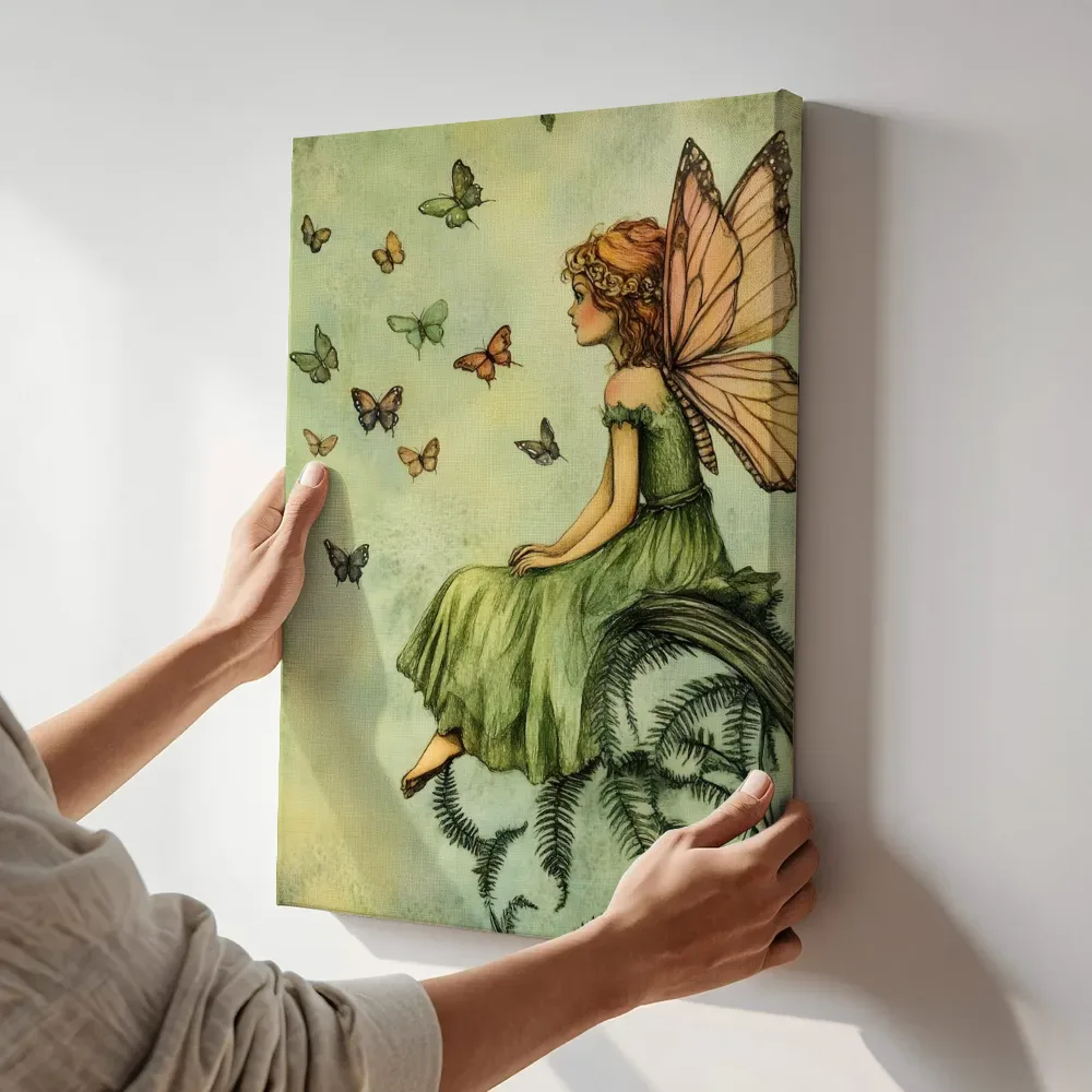 Sfeerimpressie: Fee met vlindervleugels omringd door vlinders terwijl het aan de muur wordt gehangen