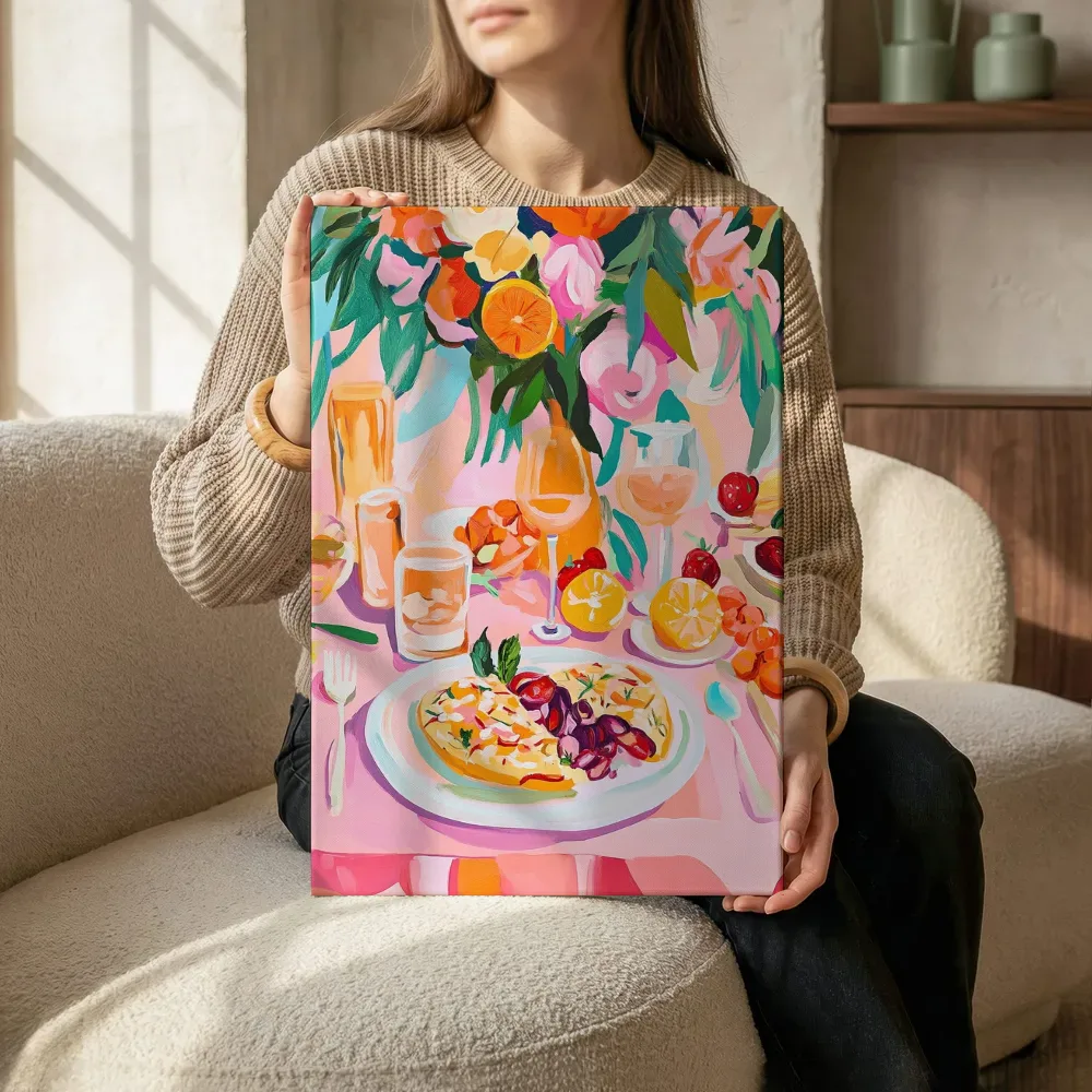 Sfeerimpressie: Feestelijke brunchtafel met bloemen terwijl het zittend wordt getoond