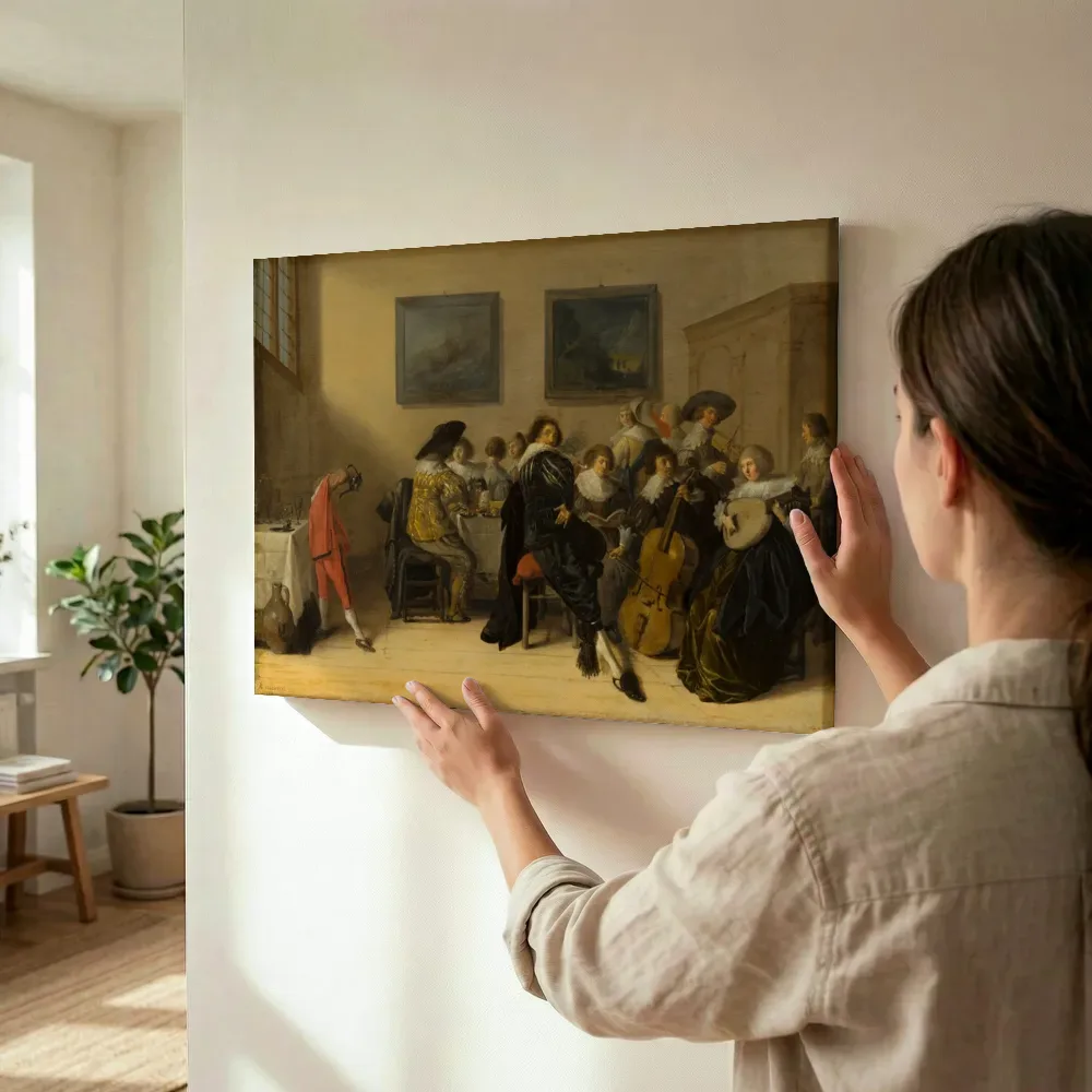 Sfeerimpressie: Feestend gezelschap van Anthonie Palamedesz. terwijl het wordt opgehangen