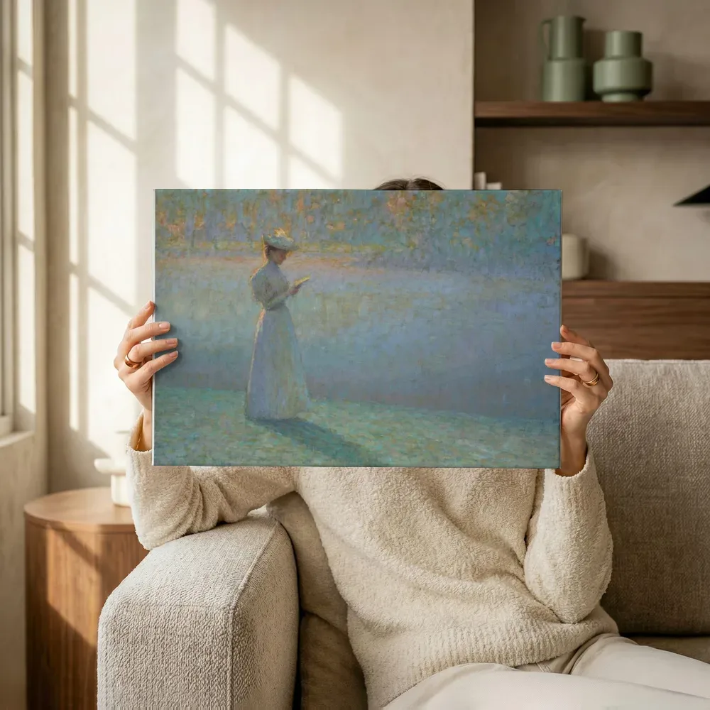 Sfeerimpressie: Lezende vrouw in een landschap van Henri Le Sidaner terwijl het omhoog wordt gehouden