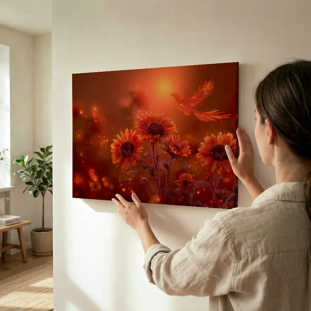 Sfeerimpressie: De feniks boven het zonnebloemenveld terwijl het wordt opgehangen