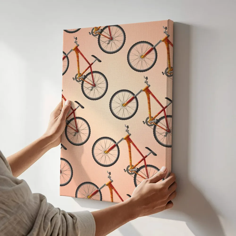 Sfeerimpressie: Fietsenpatroon in zachte perzikkleur terwijl het aan de muur wordt gehangen