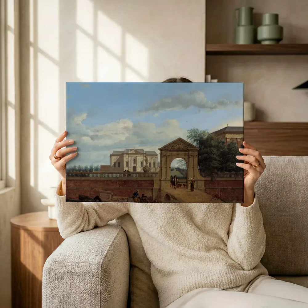Sfeerimpressie: Figuren bij een landhuis van Jan van der Heyden terwijl het omhoog wordt gehouden