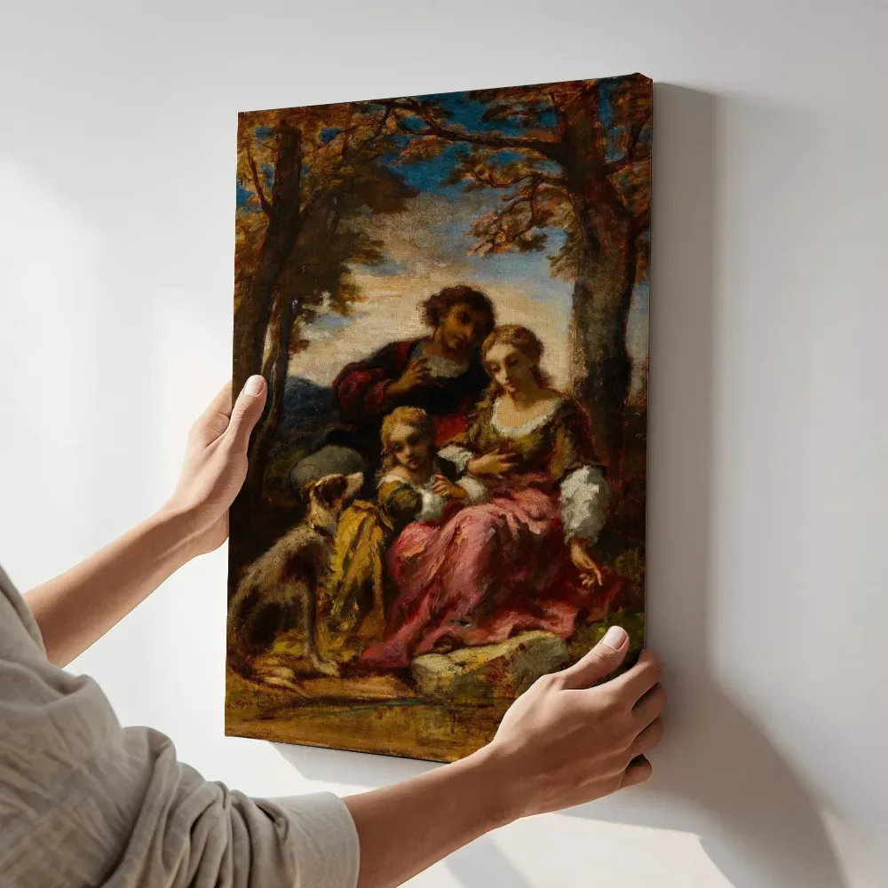 Sfeerimpressie: Figuren en een hond in een landschap van Narcisse Virgilio Díaz terwijl het aan de muur wordt gehangen