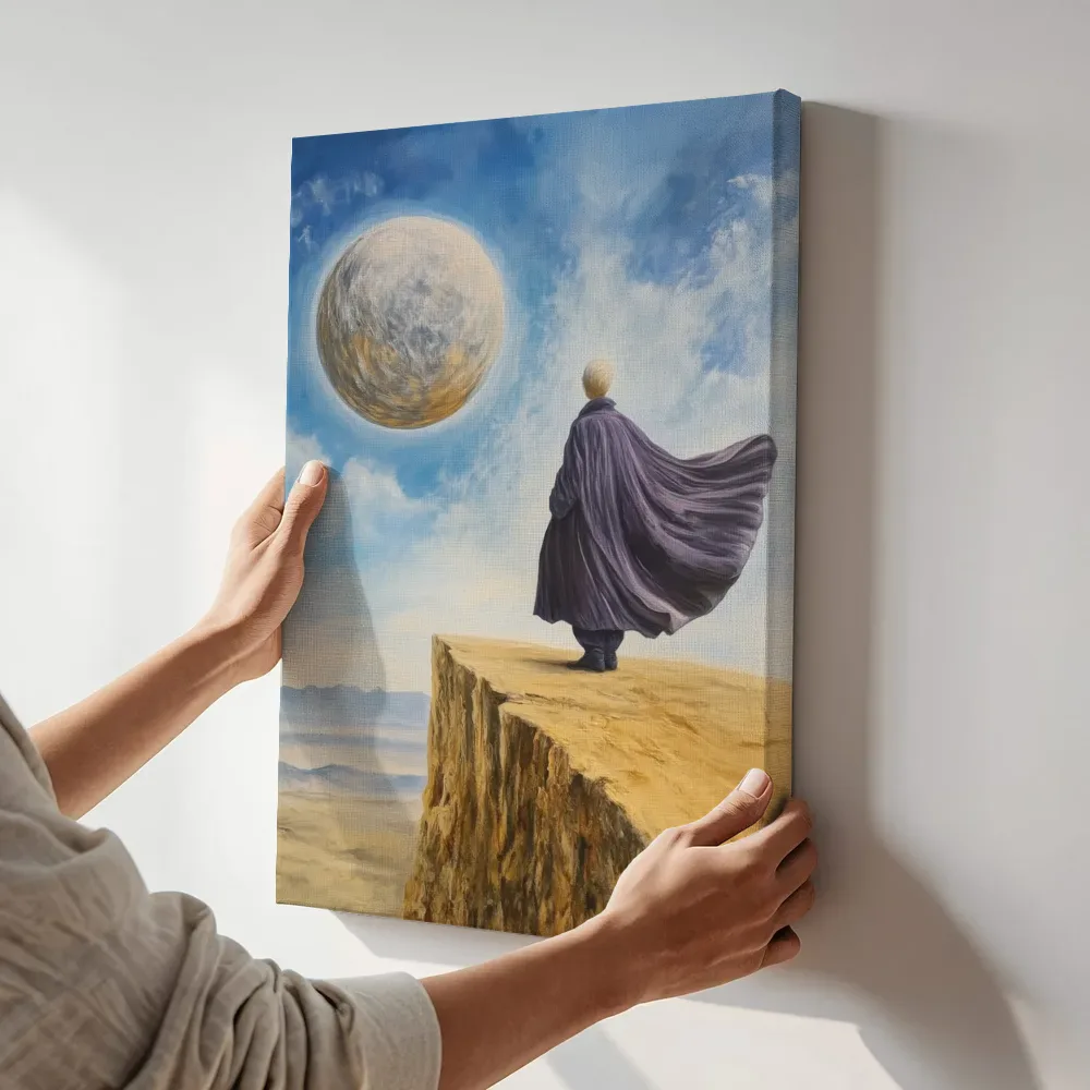 Sfeerimpressie: Figuur met cape bij maan terwijl het aan de muur wordt gehangen