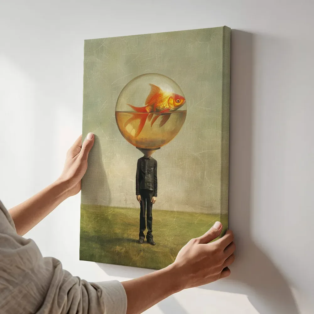 Sfeerimpressie: Figuur met druppelvormige vissenkop terwijl het aan de muur wordt gehangen