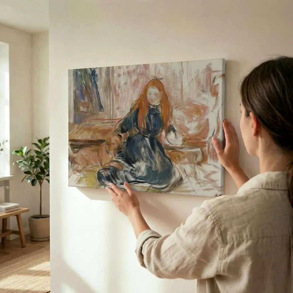 Sfeerimpressie: Meisje spelend met een hond van Berthe Morisot terwijl het wordt opgehangen