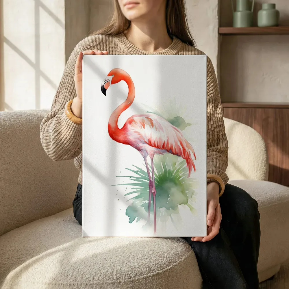 Sfeerimpressie: Flamingo in aquarel terwijl het zittend wordt getoond