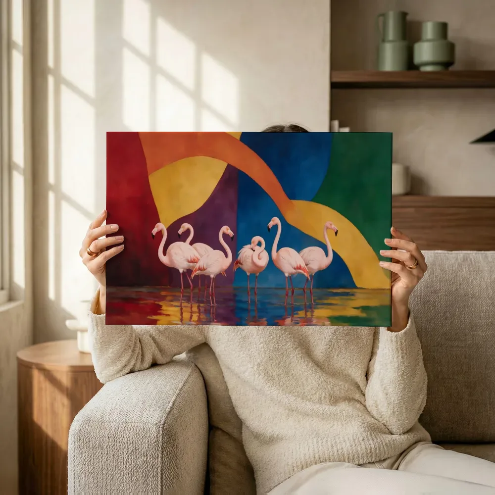 Sfeerimpressie: Flamingo in alle kleuren van de regenboog terwijl het omhoog wordt gehouden