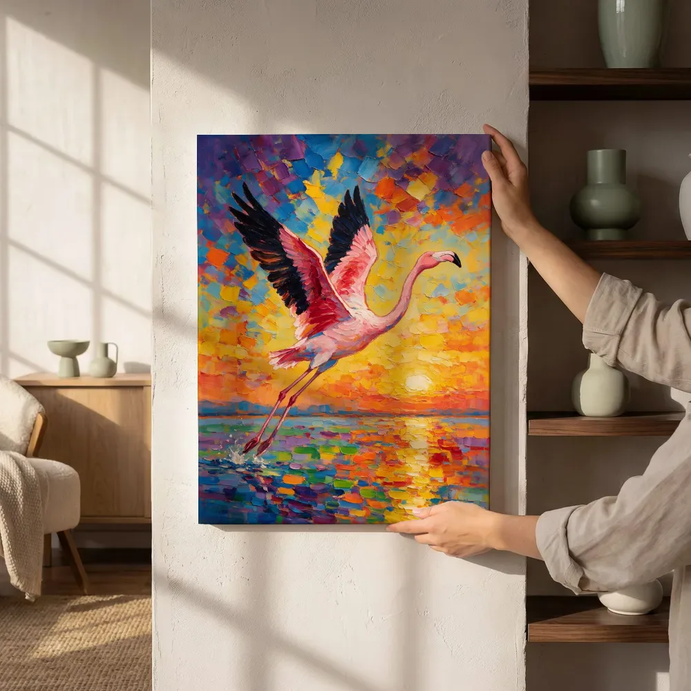 Sfeerimpressie: Flamingo in beweging in de mist naast de kast