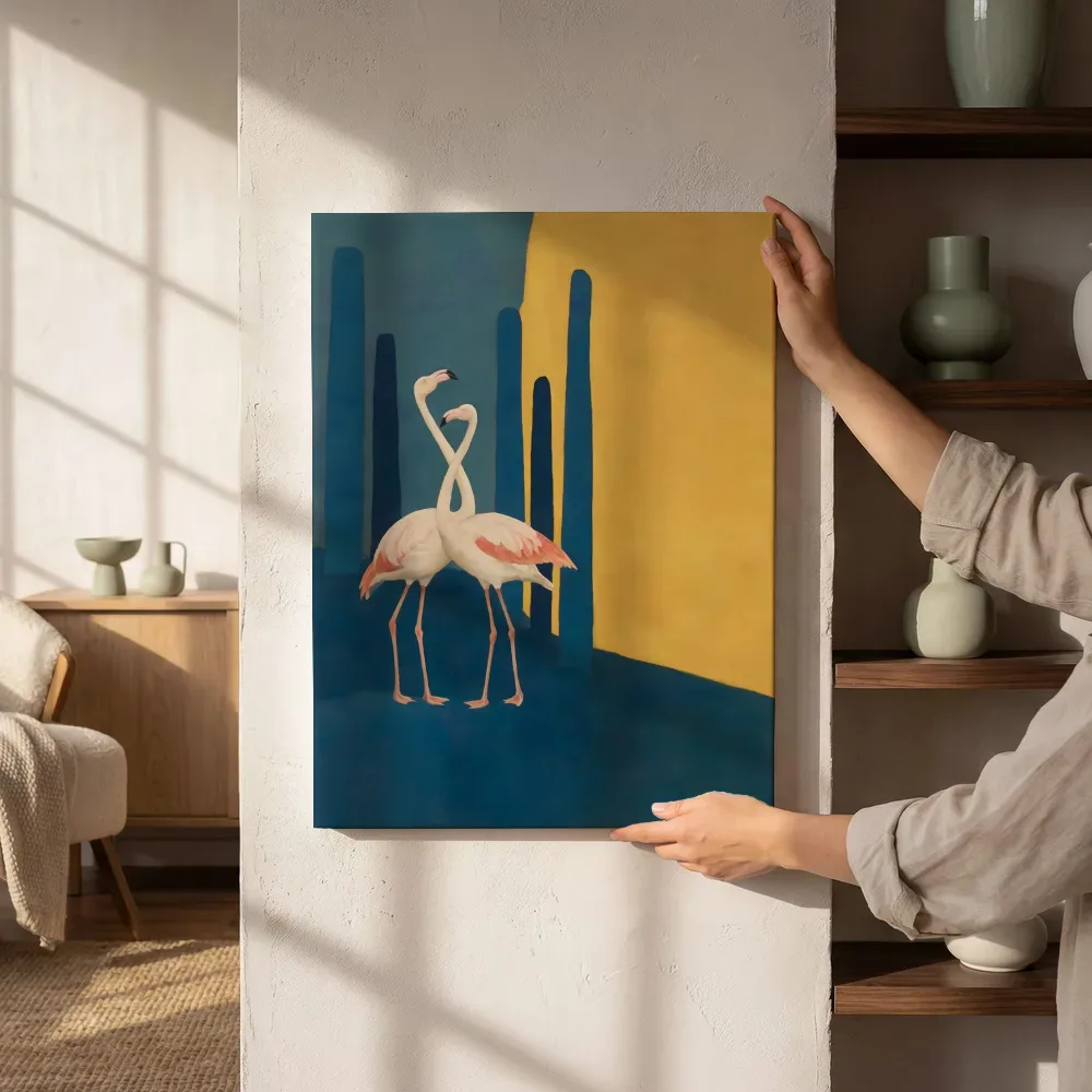 Sfeerimpressie: Flamingo in diep delftsblauw en mosterd naast de kast