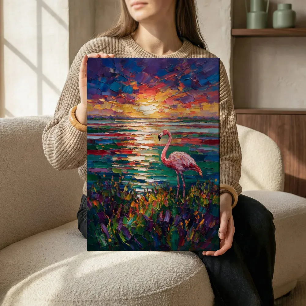 Sfeerimpressie: Flamingo diep in het landschap aan het water terwijl het aan de muur wordt gehangen