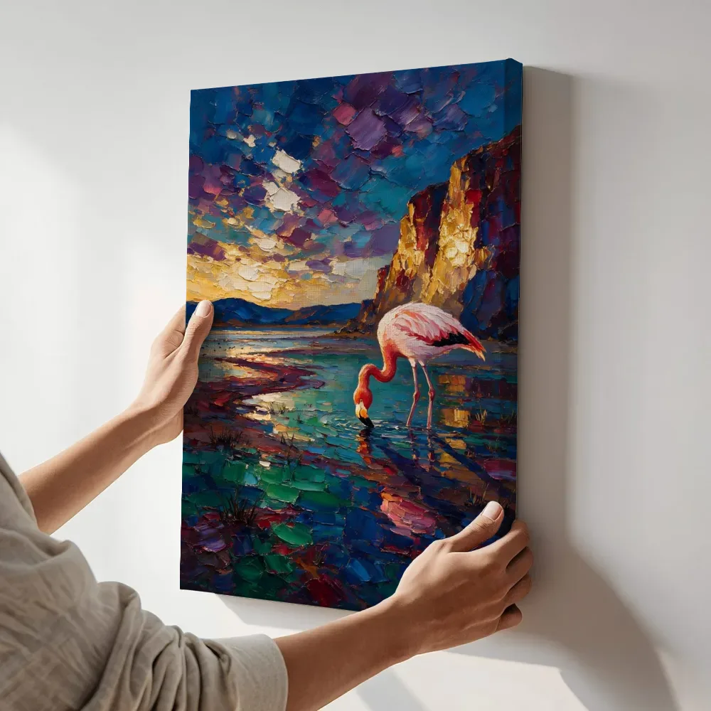 Sfeerimpressie: Flamingo diep in het landschap tegen een muur in de schaduw terwijl het aan de muur wordt gehangen