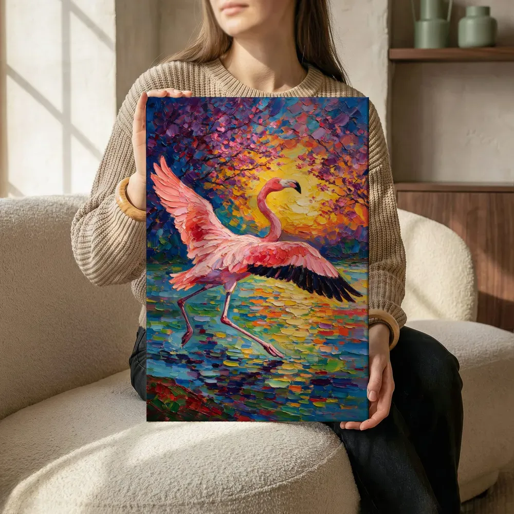 Sfeerimpressie: Flamingo in donkere beweging bij bloesem terwijl het aan de muur wordt gehangen