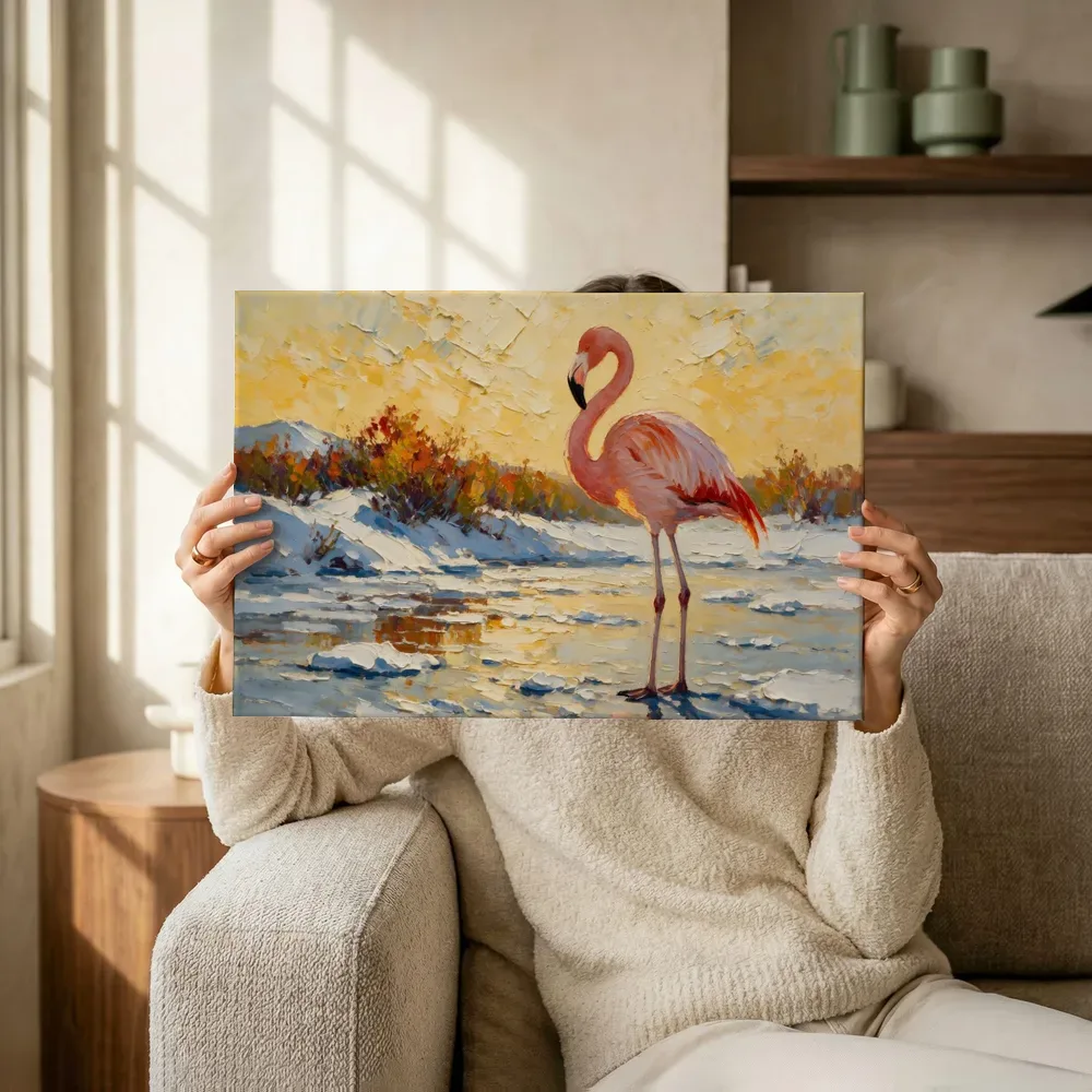Sfeerimpressie: Flamingo in donkere pose in de sneeuw terwijl het wordt opgehangen