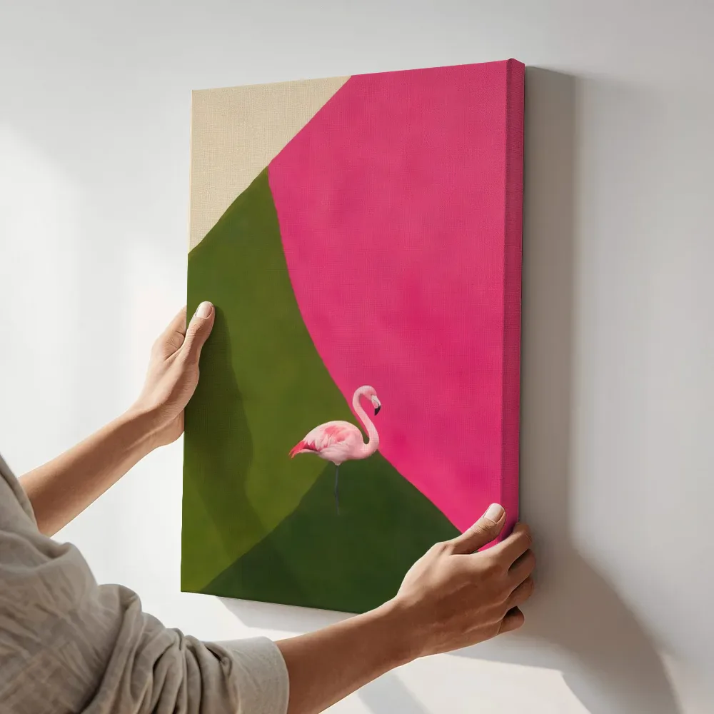 Sfeerimpressie: Flamingo in olijf en roze terwijl het aan de muur wordt gehangen